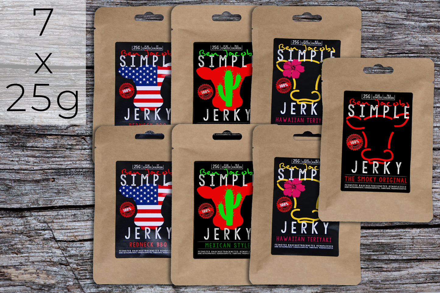 Beef Jerky Spicy Box (7x25g) – Handgemachtes Trockenfleisch aus österreichischem Rindfleisch mit den Sorten Hawaiian Teriyaki, Mexican Style und Redneck BBQ.